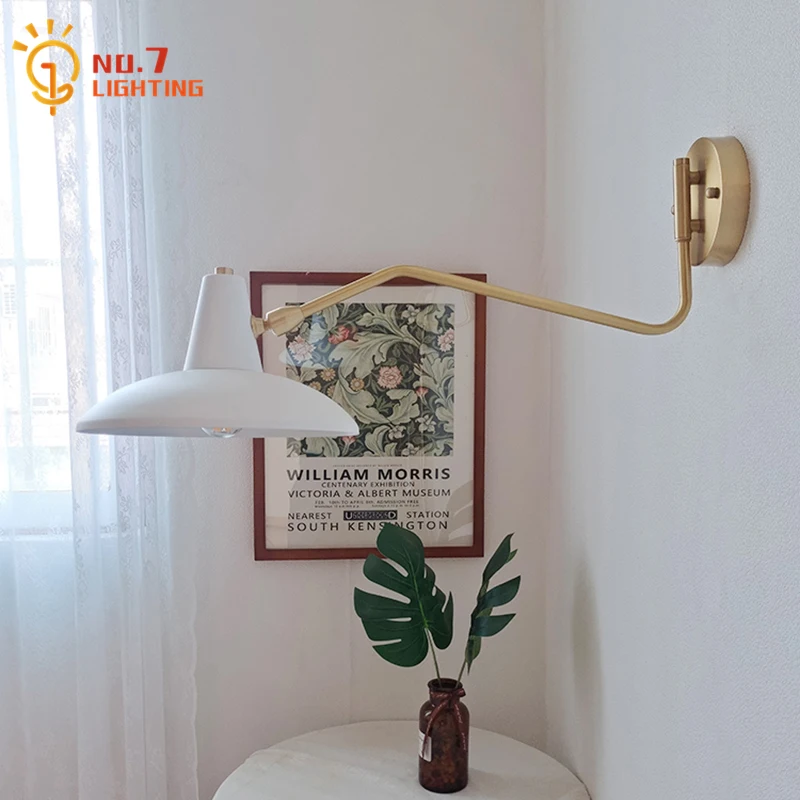 Minimalist Industrial Long Pole Swing Arm Copper Wall Lamp LED E27 Retro Telescopic Wall Mounted Bedside Living/dining Room Cafe