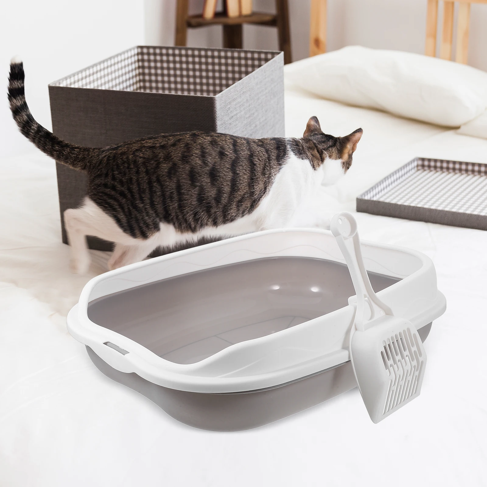 

Cat Litter Gray Abs Litter Pan Tray Large Capacity Top Entry Open Sandbox Kitten Pan Travel Toilet Portable Pet Supplies