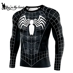 [You're My Secret] Men's Spider Print Compression Shirt Workout Anime Superhero Long Sleeve Cosplay Costume Fitness Tops Summer