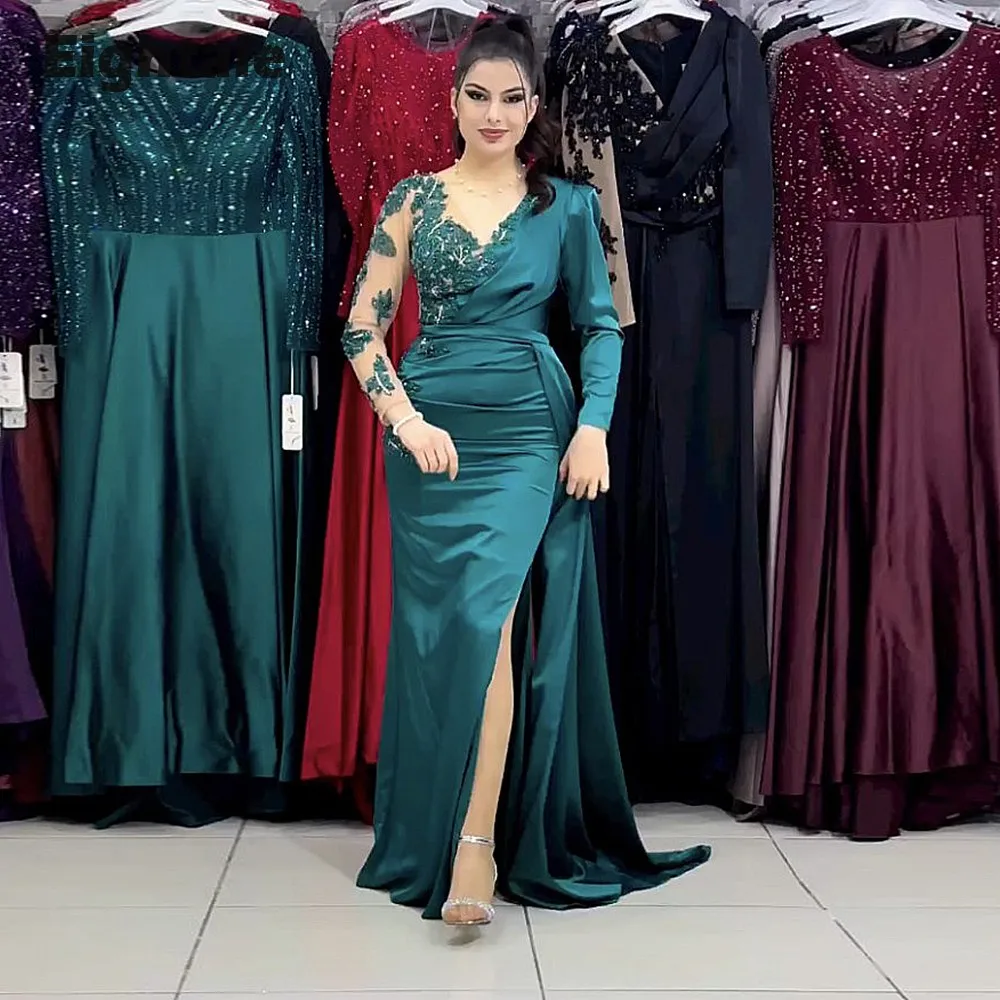 

Eightale Dark Green Evening Dress V-Neck Appliques Beaded Side Slit Long Sleeves Satin Mermaid Prom Party Gowns abendkleid damen