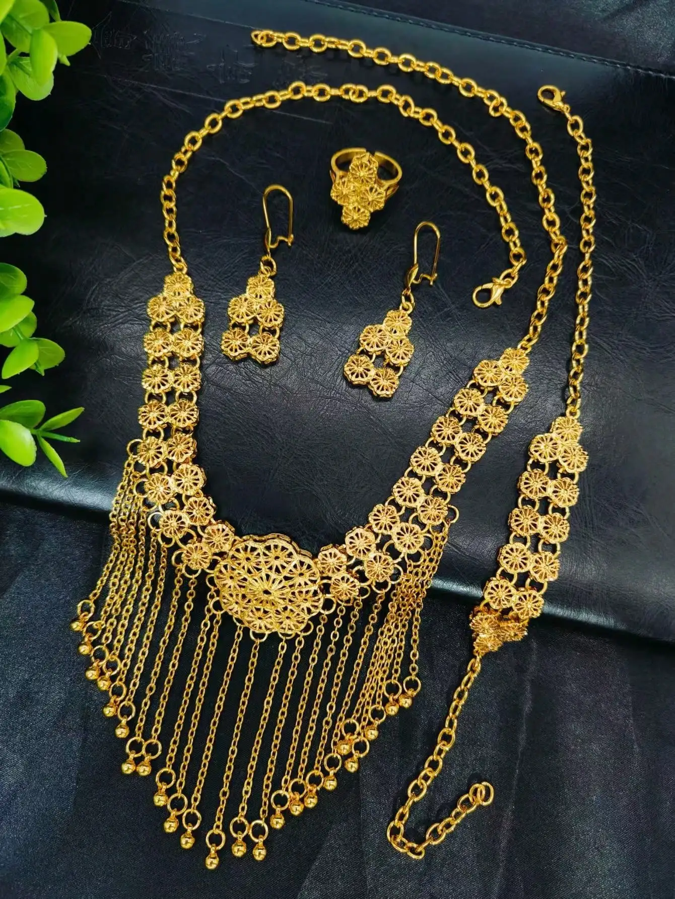 Dubai New Design Tassel Necklaces Earrings Rings Bracelet Jewelry Sets For Women Wedding Ethiopian Luxury Gold Color Brithday Gi