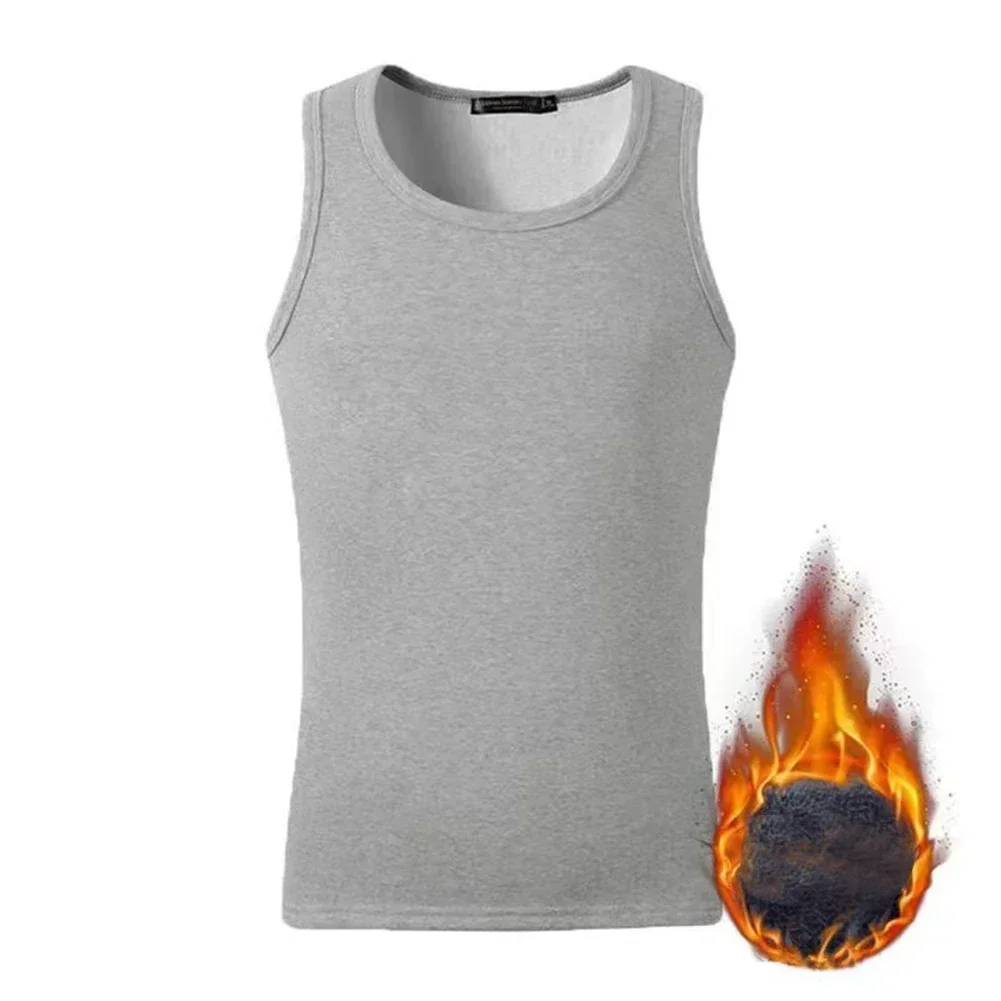 Comfy Fashion Mens Male Undershirt Fleece O Neck Sleeveless Slim Fit Solid Color Tank Top Thermal Base Layer Autumn