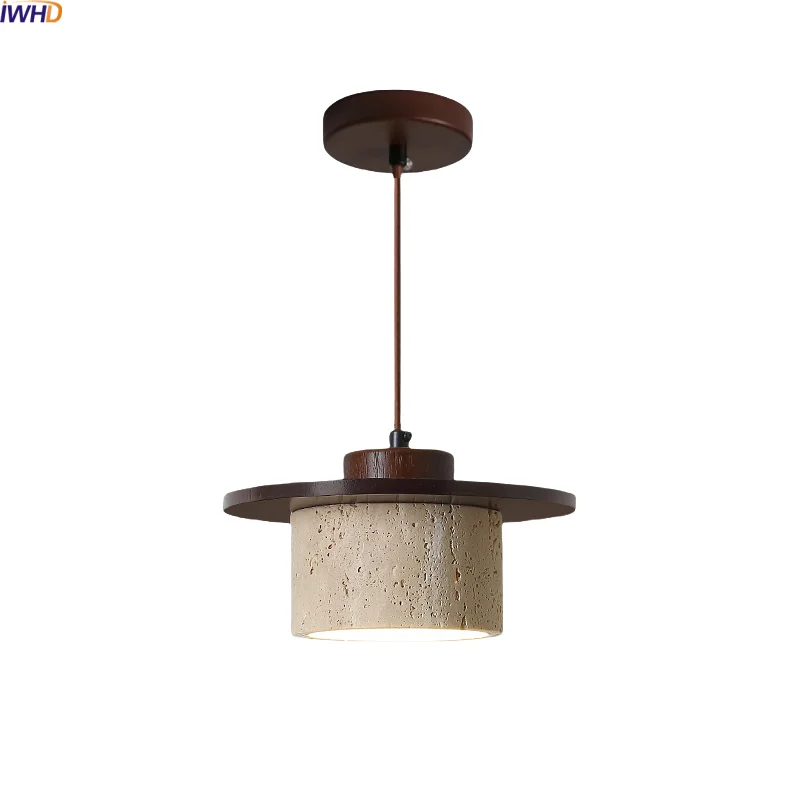 

IWHD Yellow Travertine Wood LED Pendant Light Fixture Bedside Dining Table Room Decor Wabi Sabi Hanging Lamp Lustres De Plafond
