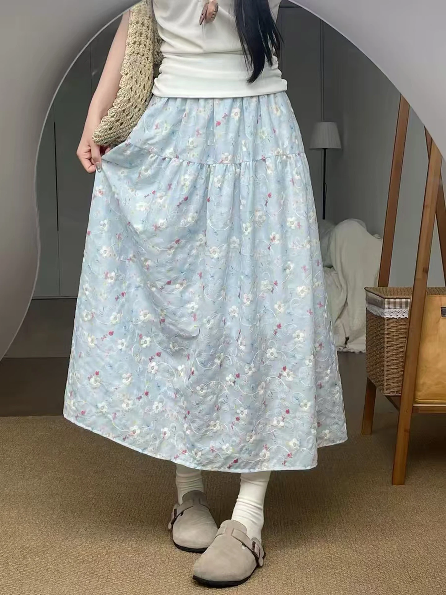 Blue Heavy Embroidery Floral Half Skirt Women's Summer plus Size 300 Pounds Retro Large Size Mid-Length Loose Waist A-Line Skirt
