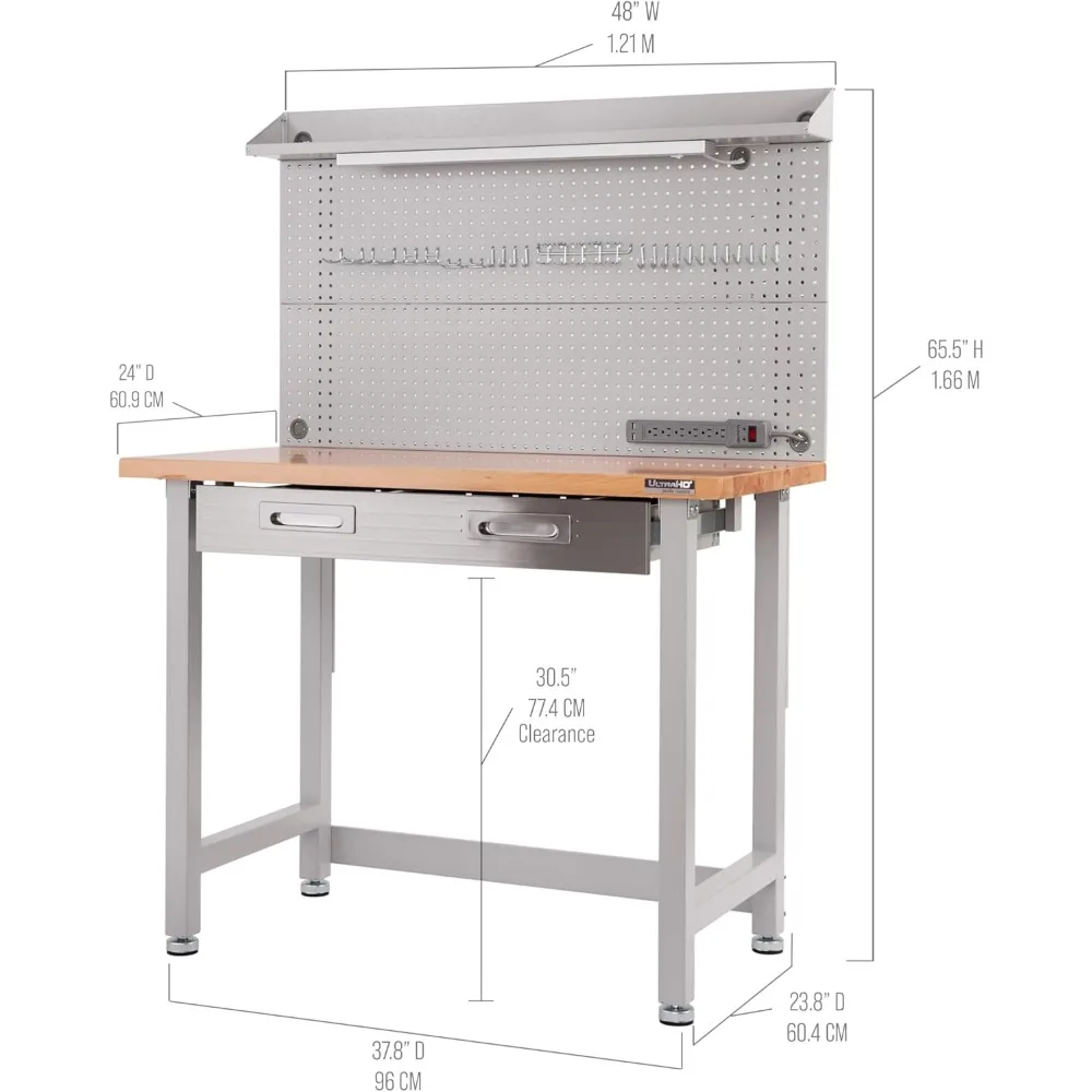 Workcenter de pegboard iluminado por LED com sortimento de 23 ganchos e mesa de gaveta, 48", cinza granito