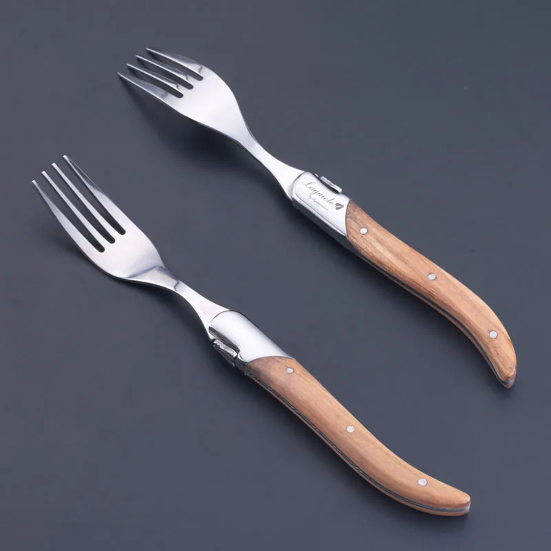 2-6pcs Laguiole Dinner Forks Long handle Wood Steak Fork Set Four Times Solid Wooden Forks Stainless Steel Dinnerware Cutlery