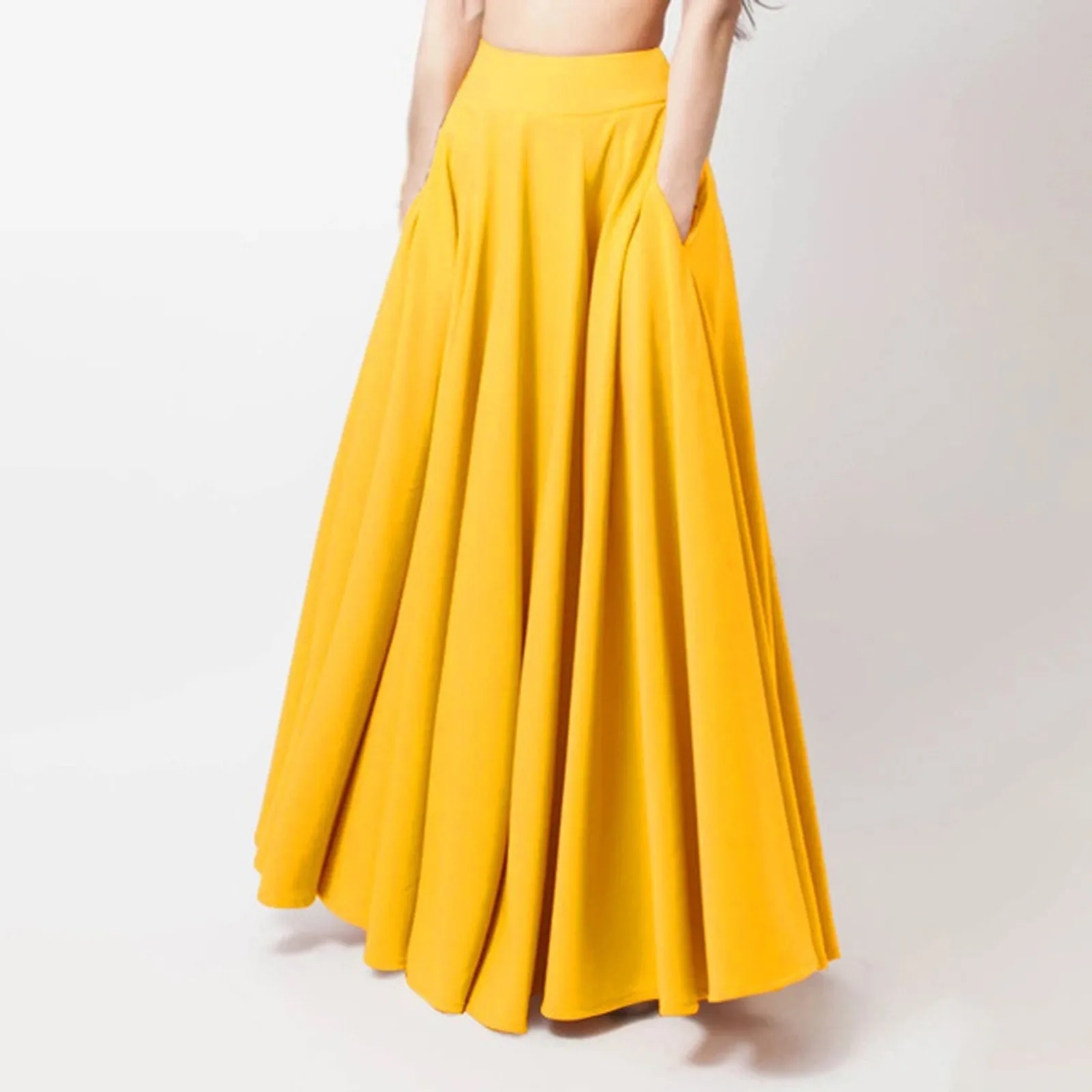 Dames maxi-rok met hoge taille A-lijn rok Elegante dames maxi-rok met hoge taille en zakken A-lijn effen kleur voor vrije tijd