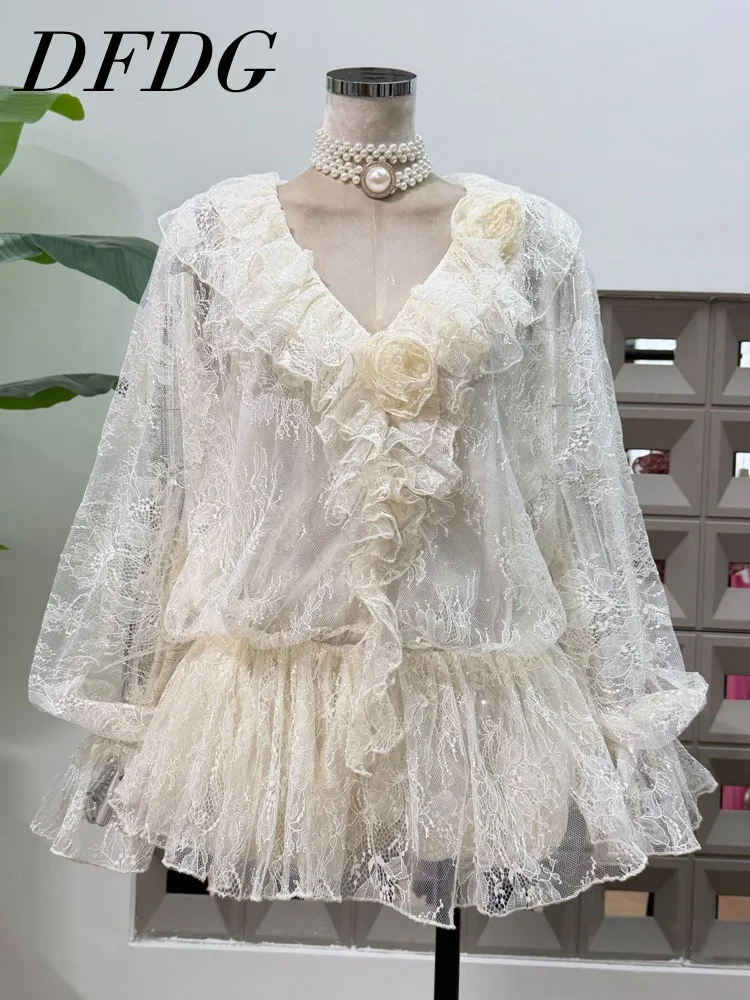 DFDG 025 فستان نسائي مصمم بأكمام طويلة من الدانتيل فستان شفاف مكشكش مرقع للربيع والصيف فستان أنيق عصري #1