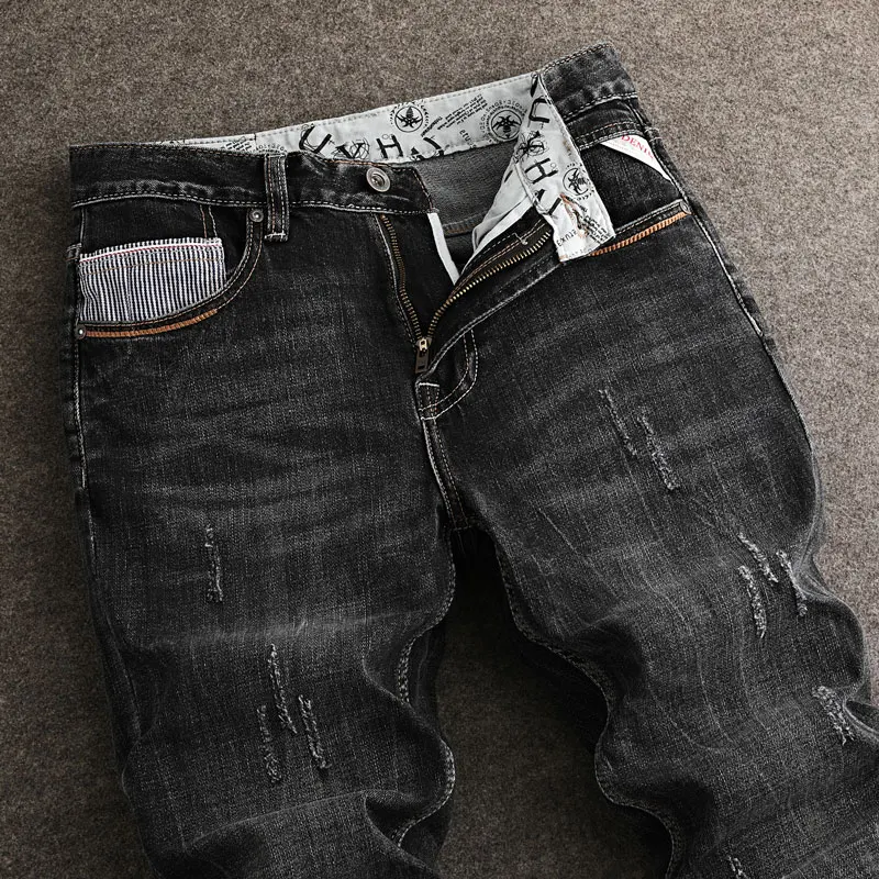 Fashionable Street Men's Fashion Street Men's Black Grey Jeans Vintage Elastic Slim Fit Split Jeans with Personalized Pockets De