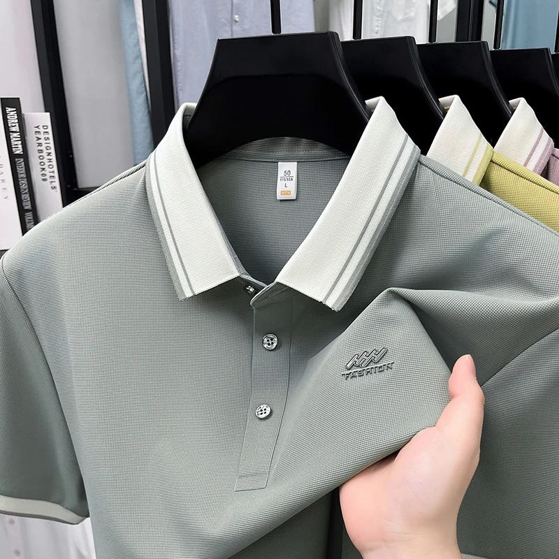 Fashion ice silk breathable short sleeve polo shirt high-end brand men's summer new letters embossed casual luxury lapel T-shirt