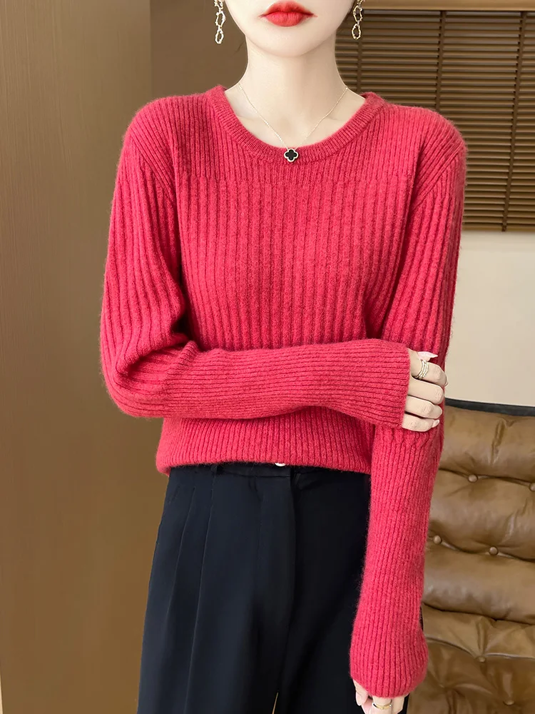 Women's 100% Pure Wool Knitted Sweater, Crew Neck, Korean Style, Top, Pullover, Drawstring, Fashion, Autumn/Winter 2024