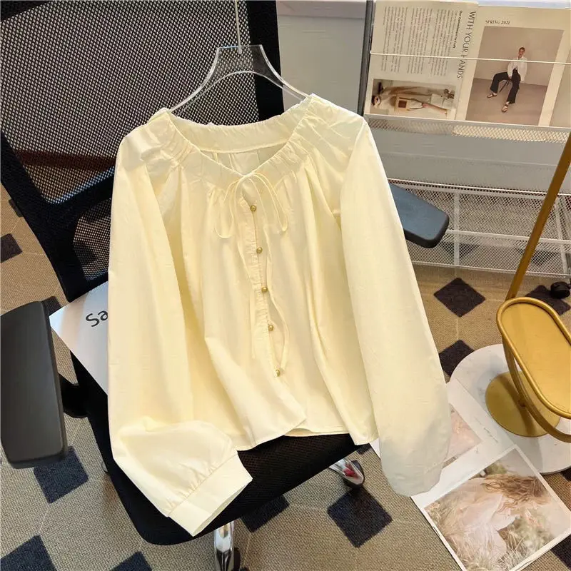 

Chiffon Shirt Women's Spring 2025 New Round Neck Long Sleeved Shirt With Loose Design And Lace Up Top