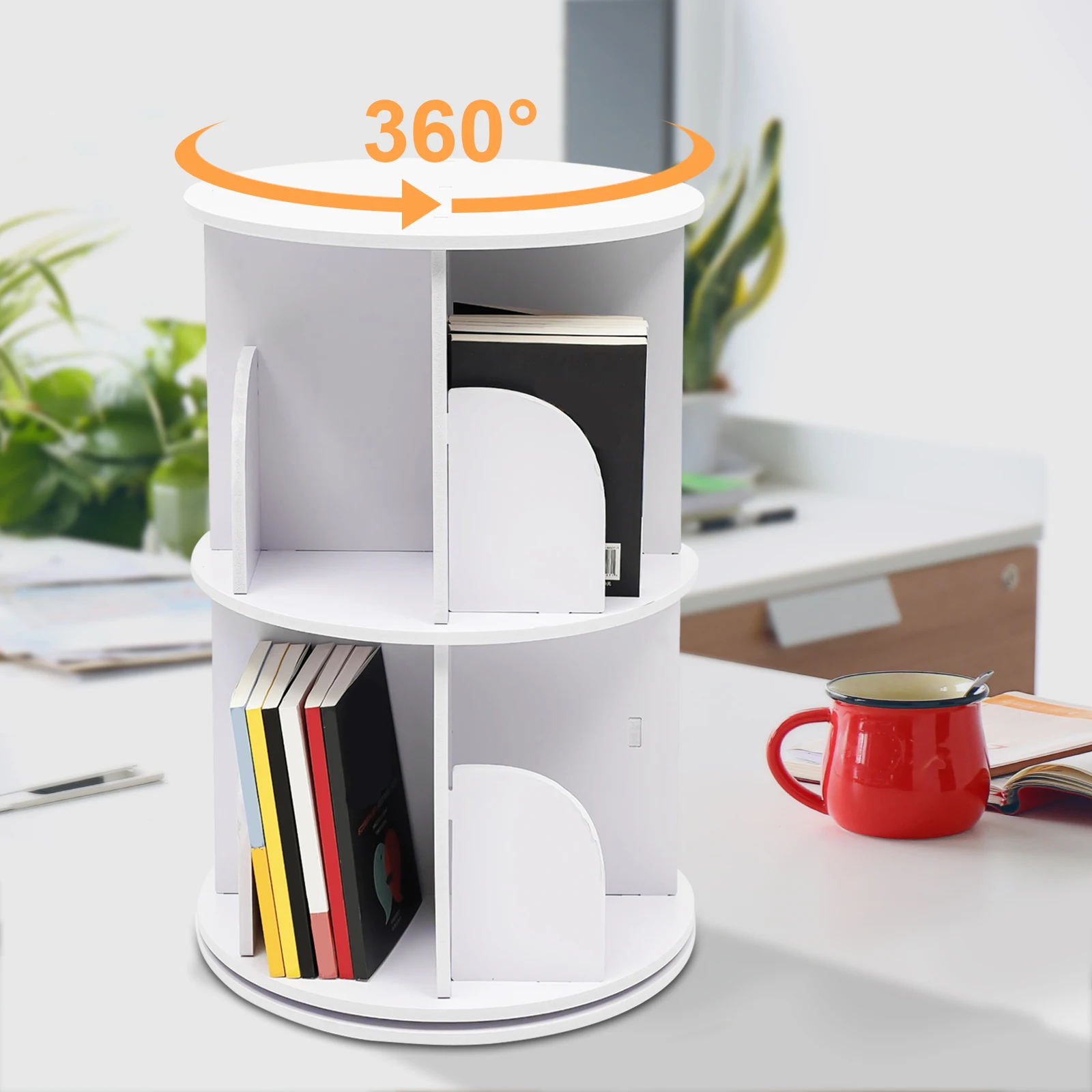 

2 Layers 360° Rotating Bookshelves Freestanding Storage Shelf Bookshelf Capacity Place Books Small Potted Decorations