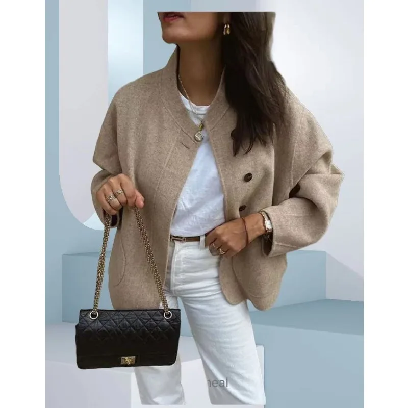 

2025 New Autumn and Winter Women's Woolen Coat Personalized Street Cardigan V-neck Casual Long Sleeved Sweater Jacket