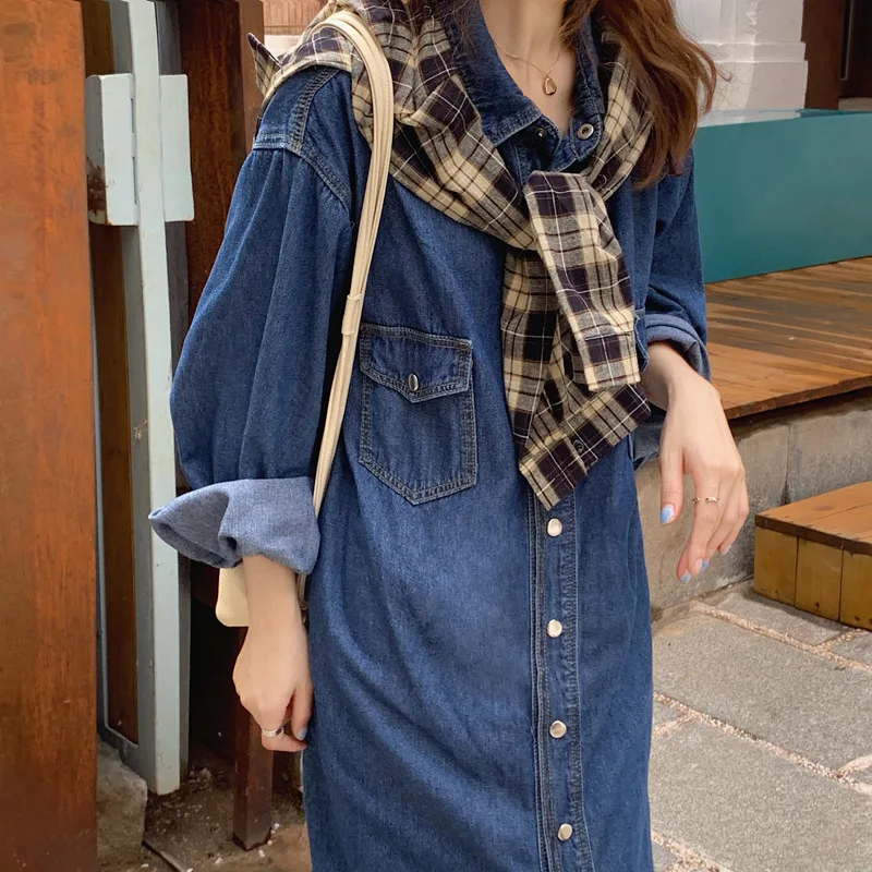 

2025 Denim Long Lleeved Button Down Womens Dresses Slimming Fashion Temperament Design Sense Clothing