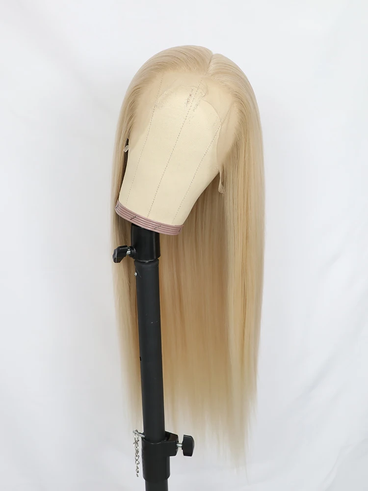 긴 스트레이트 레이스 프론트 가발, 천연 헤어라인 합성 레이스 프론트 가발, 13x6 라이트 골드
