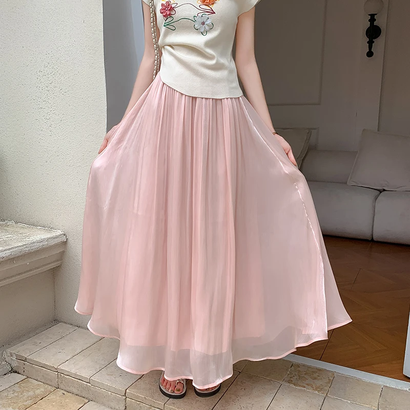 

Korean Style Gentle Flowing Light Gauze High Waist Summer New A-line Large Hem Long Skirt for Women
