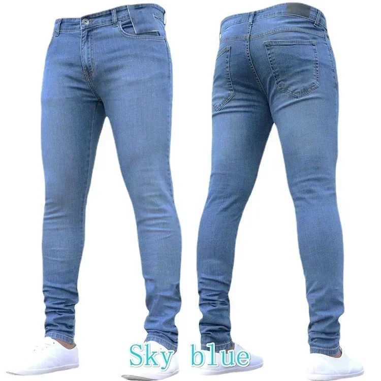 ฤดูร้อนผู้ชายกางเกงยีนส์กางเกงดินสอ DENIM สีทึบกลางเอว SLIM FIT กระเป๋ายืดเล็กน้อย 2025 ข้อเท้าความยาว DENIM Casual Zipper