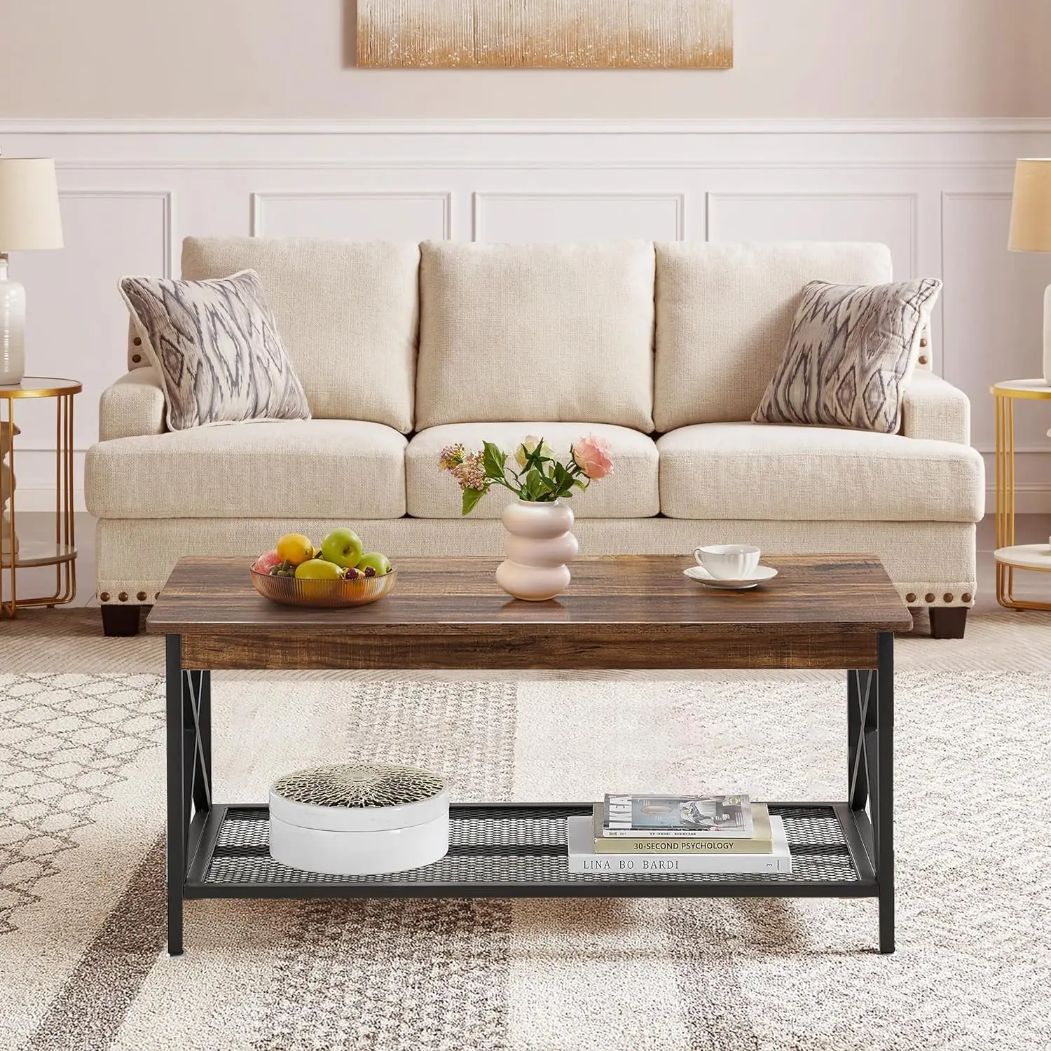 Rectangular Living Room Coffee Table with Storage Shelf, Minimalist Style, Easy to Assemble Bedroom Decorative Table