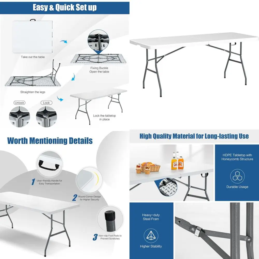 

Portable Heavy-Duty Folding Plastic Table with Handle, Ideal for Indoor/Outdoor Use, Suitable for Parties, Dining, Camping, Beac