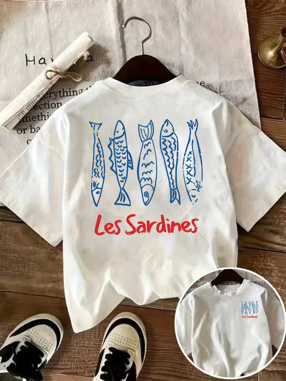Mediterranean Sardine Graphic T-shirt Summer Beach Vacation Tee Unique Marine Animal Print Top Casual Short Sleeve Fashion Wear