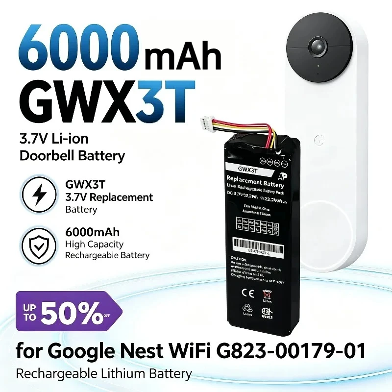GWX3T 3.7V 6000mAh Doorbell Battery for Google Nest WiFi G823-00179-01 Replacement Rechargeable Lithium Battery