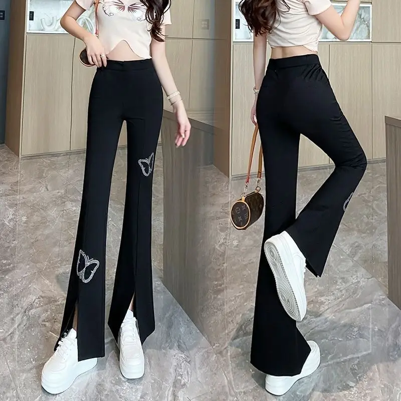 กางเกงบานเล็กน้อยสําหรับผู้หญิงฤดูใบไม้ผลิและฤดูร้อน 2025 ใหม่เอวสูงเข้ารูปพอดียืดกรีดกางเกงลําลอง