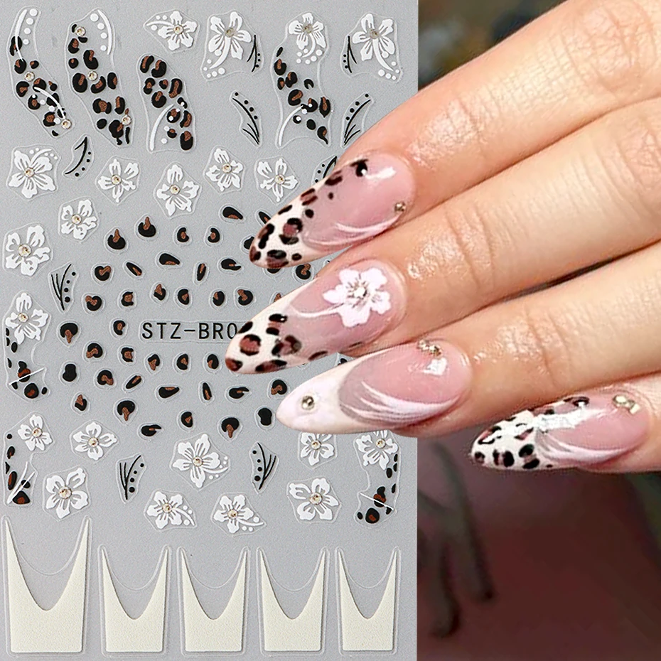 Cheetah French Nails Stickers Flowers Leopard Self-Adhesive Decals Holographic Slider Manicure Art Supplies And Decorations