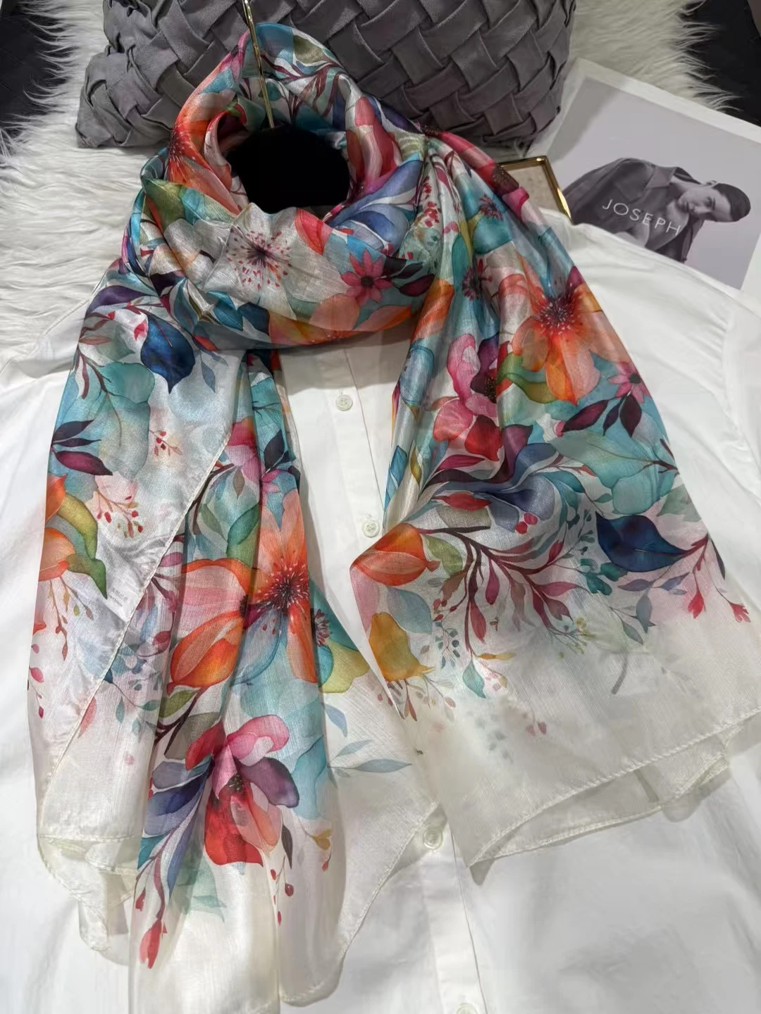 White Blue Women 100% Mulberry Silk Scarf Elegant Floral Design Long Silk Scarf Cape Summer Beach Silk Shawl Wrap Hijab Scarf image 3