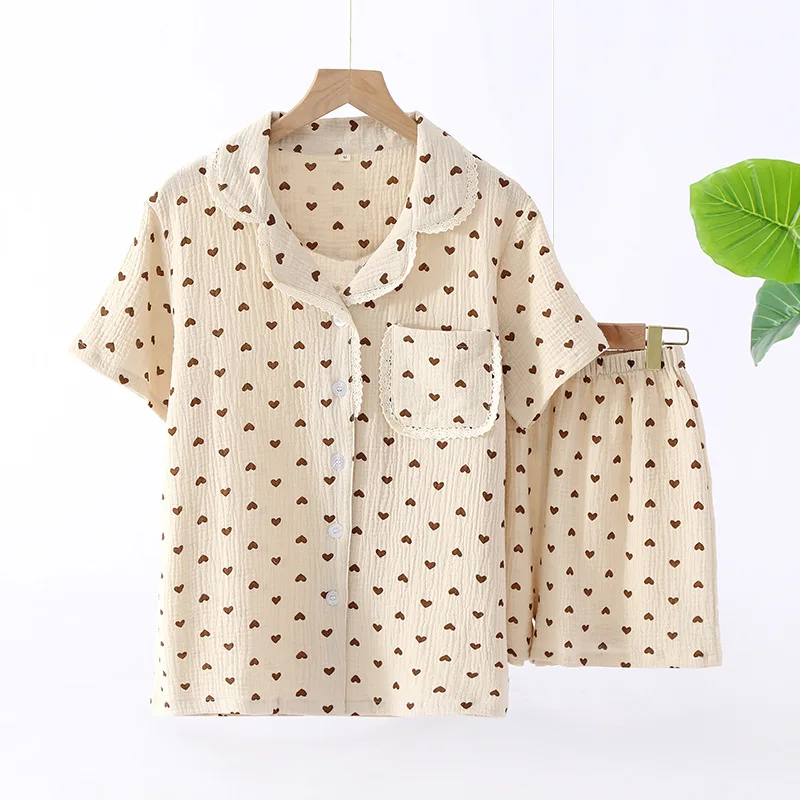 

Wholesale & Retail Cotton Crepe Loungewear Ladies, Summer Love Short Sleeve Shorts Set, Washed Cotton Simple Pajamas Women