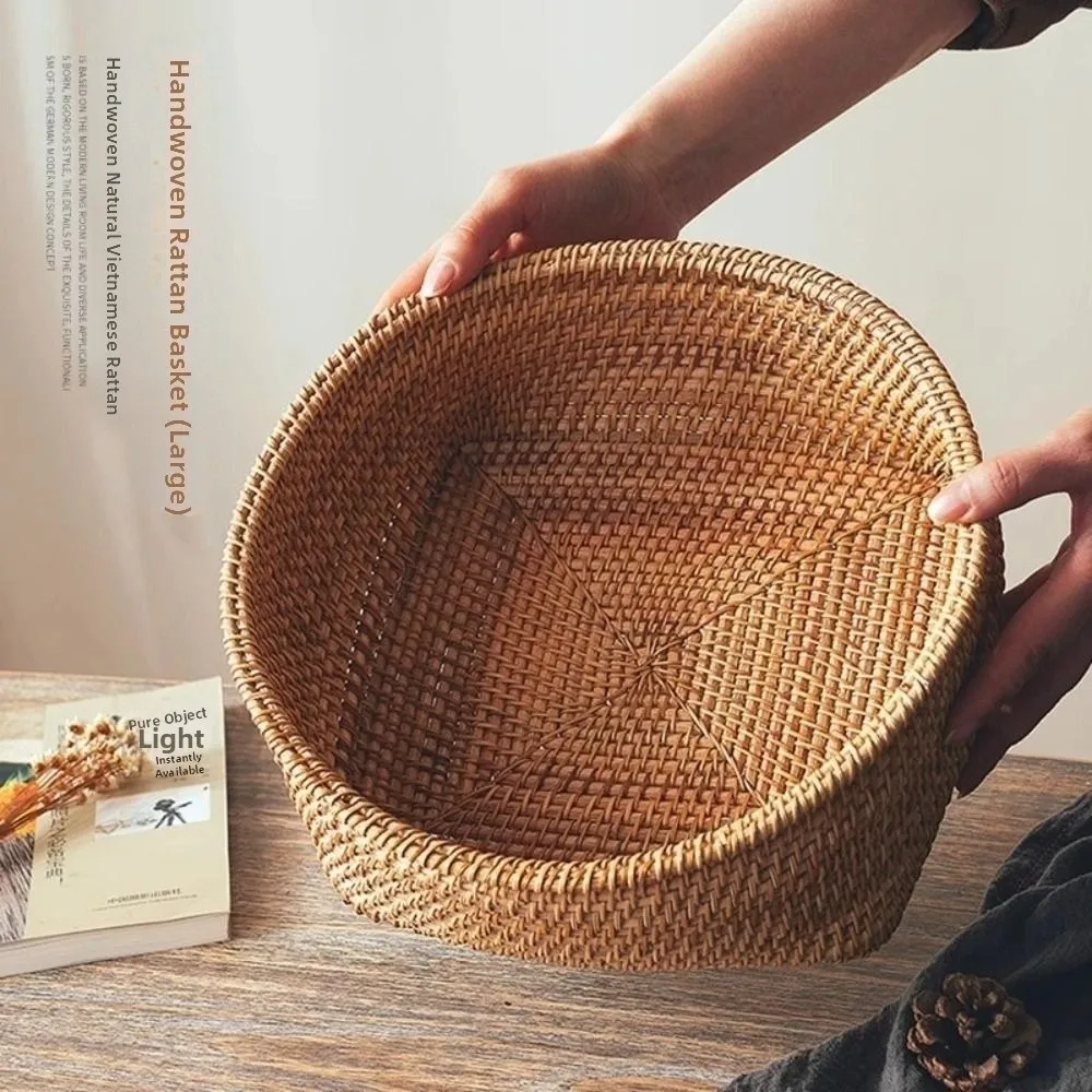 

Plastic Round Rattan Storage Tray Handmade Decorative Wicker Storage Baskets with Wooden Handle Large Capacity