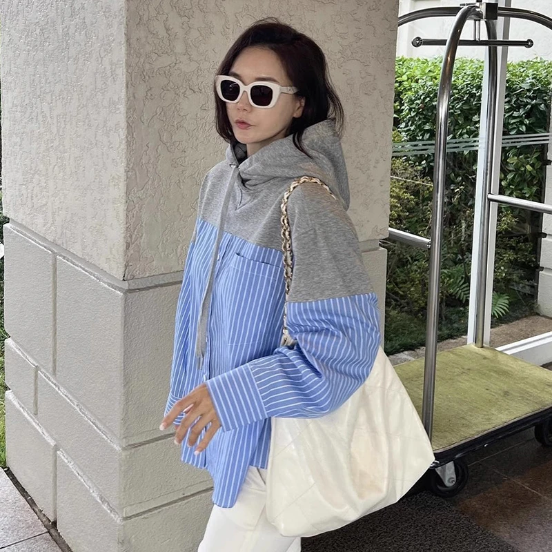 Nomikuma Korea Chic Autumn Fashion Hooded Patchwork Hit Color Striped Blouse Tops Causal Long Sleeve Pullover Blusas Shirt Coat