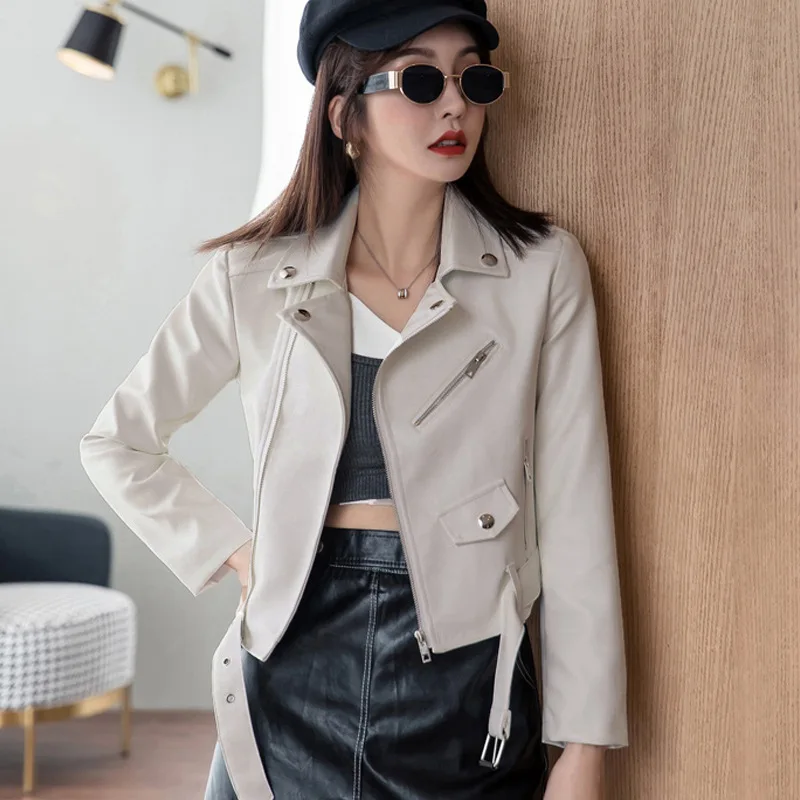 2024 Women's Short Autumn and Winter PU Leather Suit Collar Motorcycle Slim Fashion Girl Leather Jacket