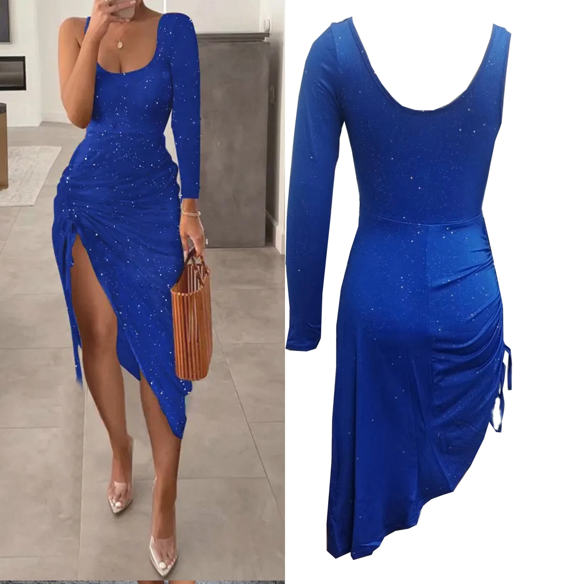 Women's elegant tight fitting hip hugging half long sleeved sequined cocktail dress luxurious slit mini celebrity banquet dress