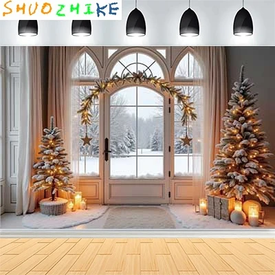 عيد الميلاد يوم السنة الجديدة حفلة خلفيات للتصوير الفوتوغرافي الدعامة نافذة غرفة المعيشة الداخلية شجرة عيد الميلاد الثلوج موضوع صورة خلفية FN-74
