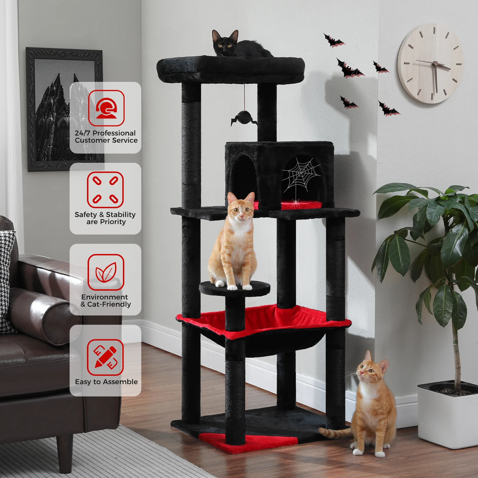 

143cm Gothic Cat Tree Tower for Indoor Cats with Large Hammock Sisal Scratch Posts Cozy Condo and Top Perch for Cat Comfort