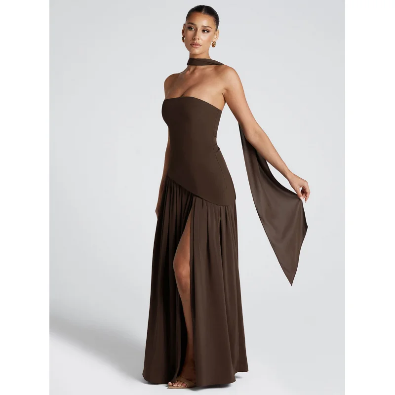 New Fashion Women's Dress, Elegant and Stylish, Strapless, Slim Fit, Solid Color, Split Back, Graceful Flowing Dress with Dress