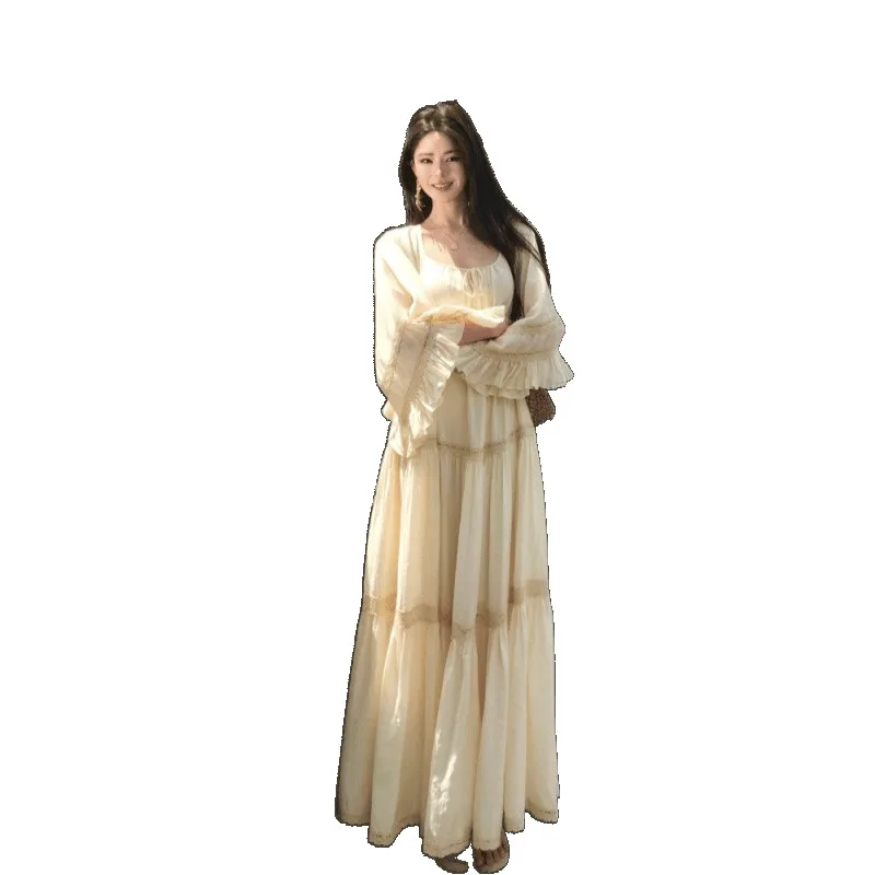 New Elegant Square Neck Trumpet Sleeve Large Hem Holiday Dress Beige Bohemian Casual Beach Long Dress Women Vestidos view 5