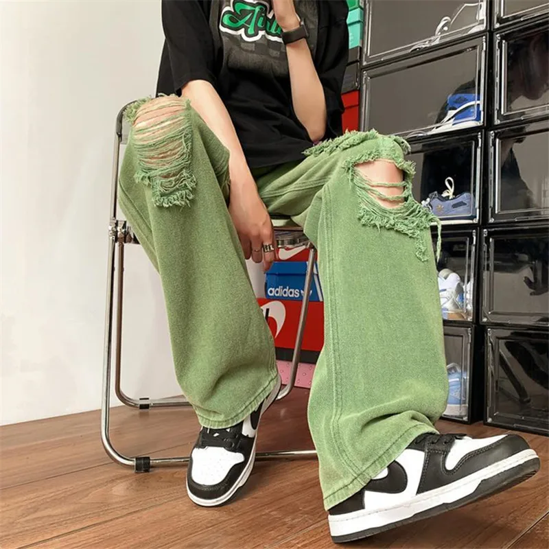 Green Jeans Men\'s Clothing High Street Ripped Straight Pants Solid Color Button Pocket Trousers Loose A008