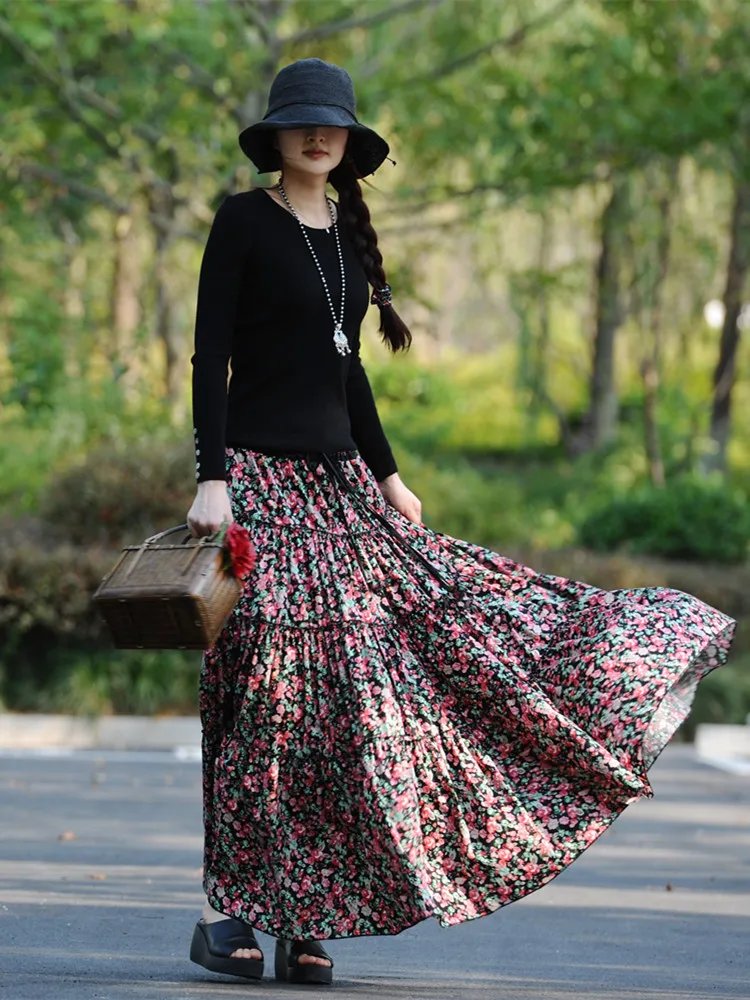 

Free Shipping 2022 New Fashion Long Maxi A-line Elastic Waist Women Summer Spring S-2XL Cotton Poplin Print Big Hem Skirts