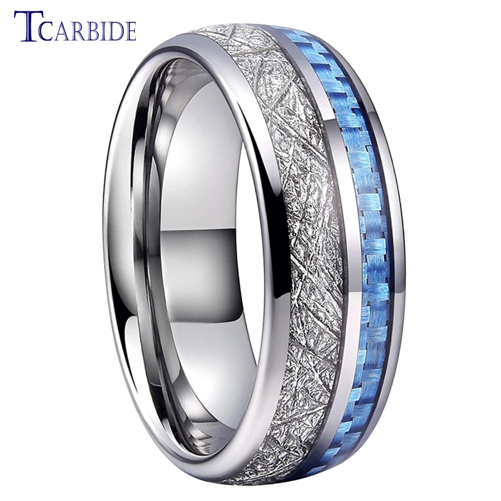 Dropshipping 8mm Domed Tungsten Carbide Ring Men Women Wedding Band With Bright Meteorite Blue Carbon Fiber Inlay Comfort Fit