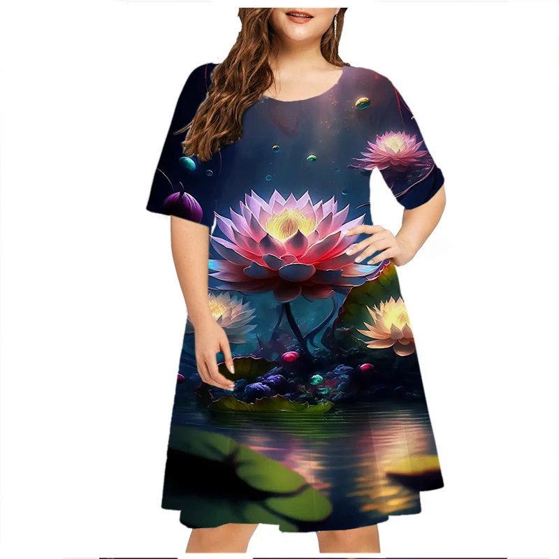 Lotus Leaf Flower Print Dress Women Elegant Summer Beach Style Short Sleeve Dress Loose Plus Size Clothes Casual Female Sundress