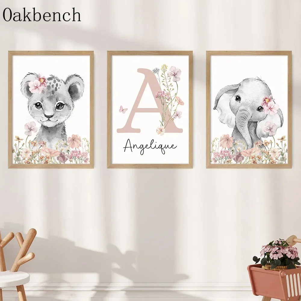 Personalized Name Custom Art Cartoon Animal Canvas Picture Flowers Picture  Kindergarten Decor Poster Kid Bedroom Decor No Frame