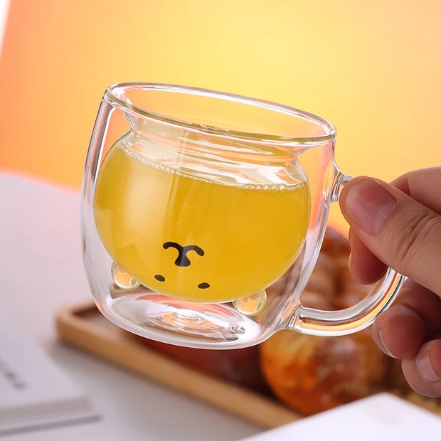 

Adorable Double Layer Heat Resistant Glass Cup High Borosilie Milk Bear Self Depreing Cup Trendy Cool Cartoon Design Ho...