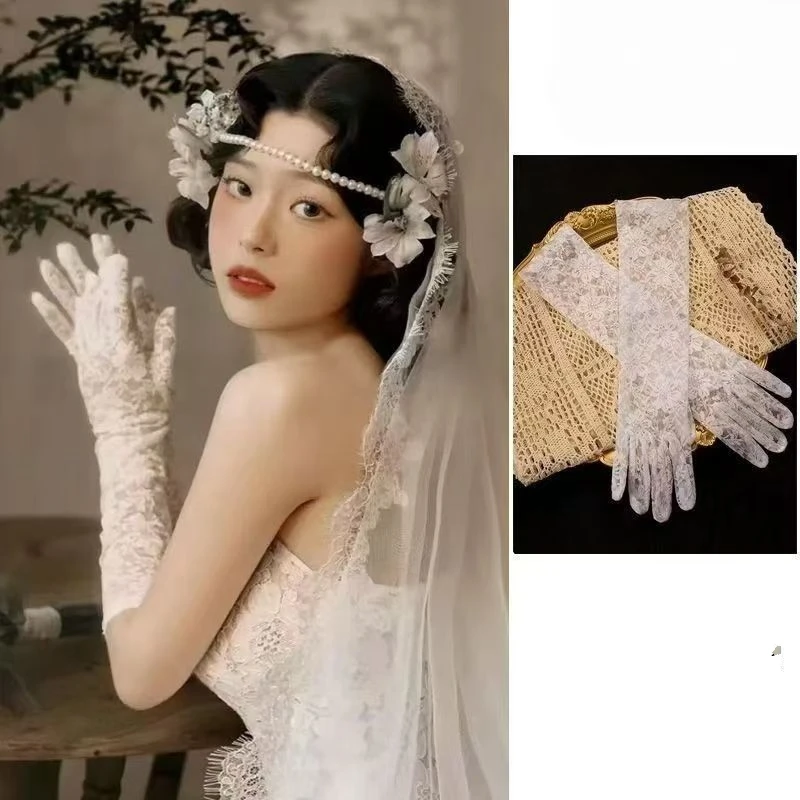 جديد خمر الدانتيل تقليم قفازات الزفاف الفني الأبيض طويل حفل زفاف عشاء التصوير اكسسوارات للعرائس