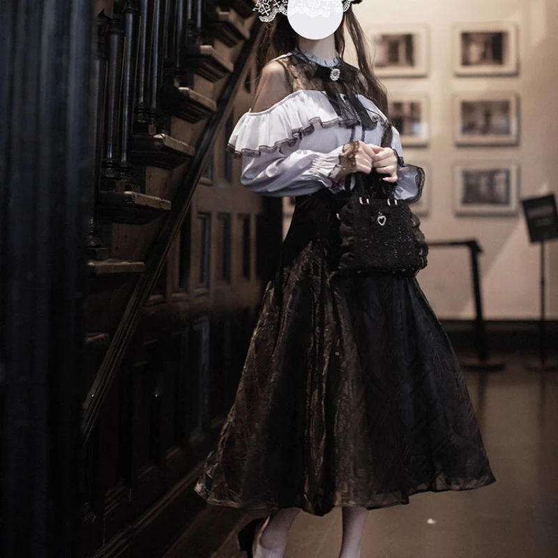 اليابانية القوطية Y2k لوليتا نمط تنورة مجموعة النساء الدانتيل المرقعة القوس كم طويل بلوزة سوداء حفلة ميدي تنورة دعوى ملابس حلوة #4