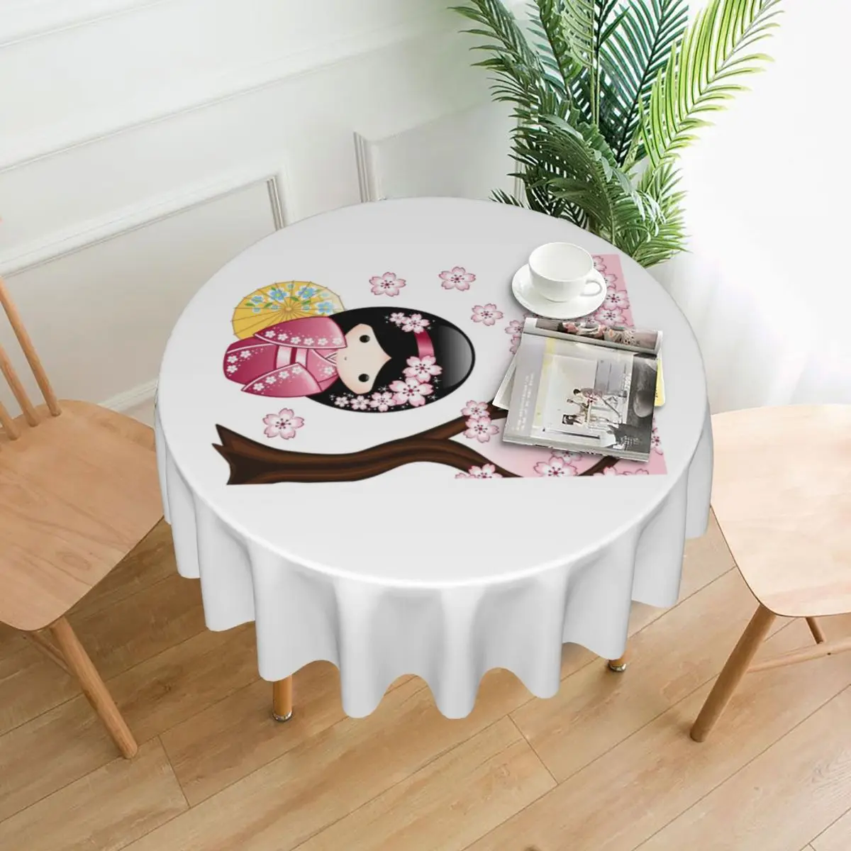 

Japanese Spring Kokeshi Doll Waterproof Round Tablecloth Oilproof Table Cloth for Kitchen Events Dining Table Cover 60 inches