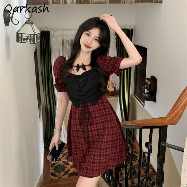 Bow Red Plaid Short Sleeve Mini Dresses Women Summer Harajuku Y2k