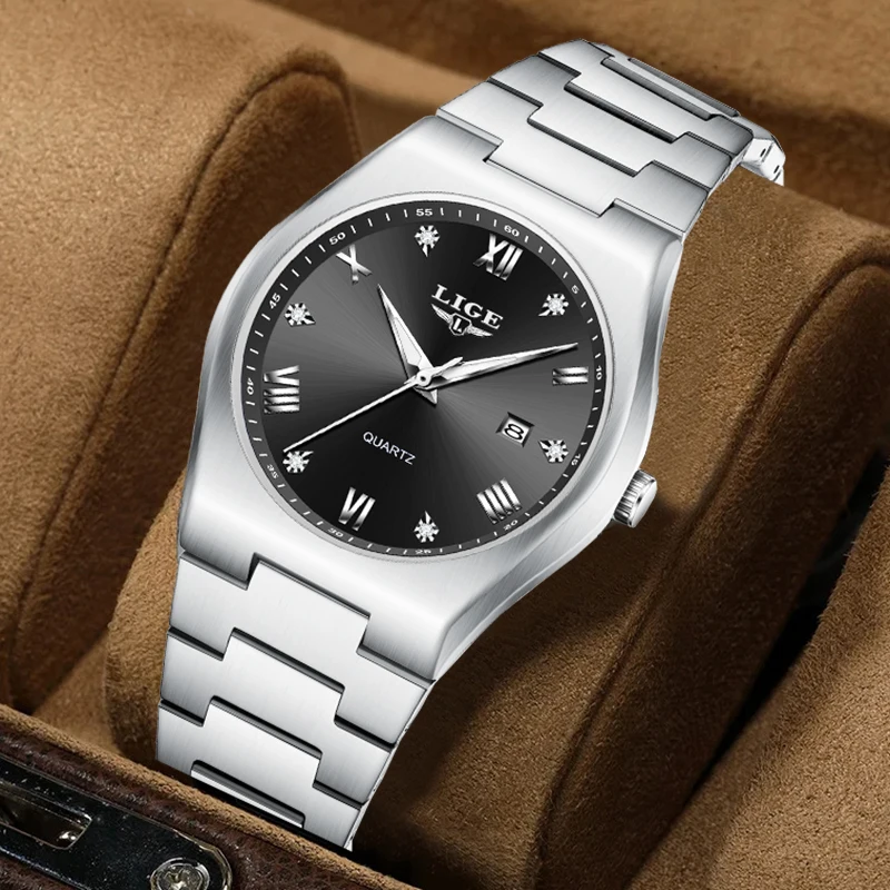 

LIGE Классические модные кварцевые мужские часы Простые деловые стильные повседневные водонепроницаемые светящиеся часы из нержавеющей стали с бриллиантовым циферблатом и автоматической датой