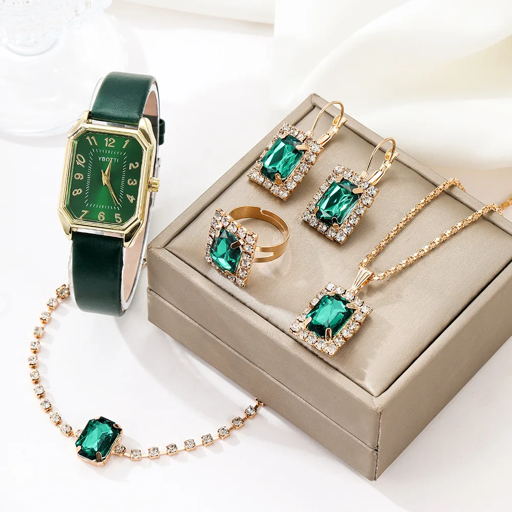 

Women's New 5-Piece Jewelry Set: Square Roman Watch & Gemstone Bracelet Necklace Earring Ring, Elegant Metal & Leather Material
